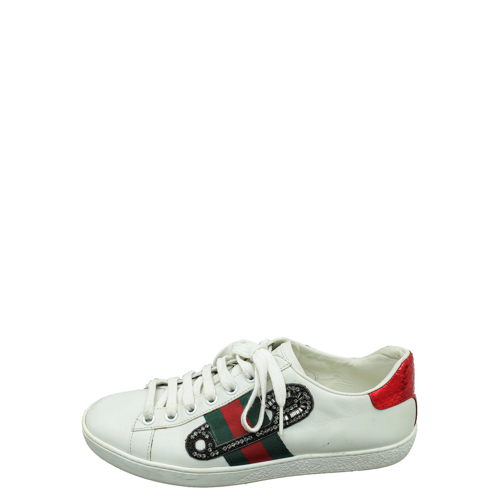 Gucci White Ace Pin Crystal Embroidered Sneaker 36