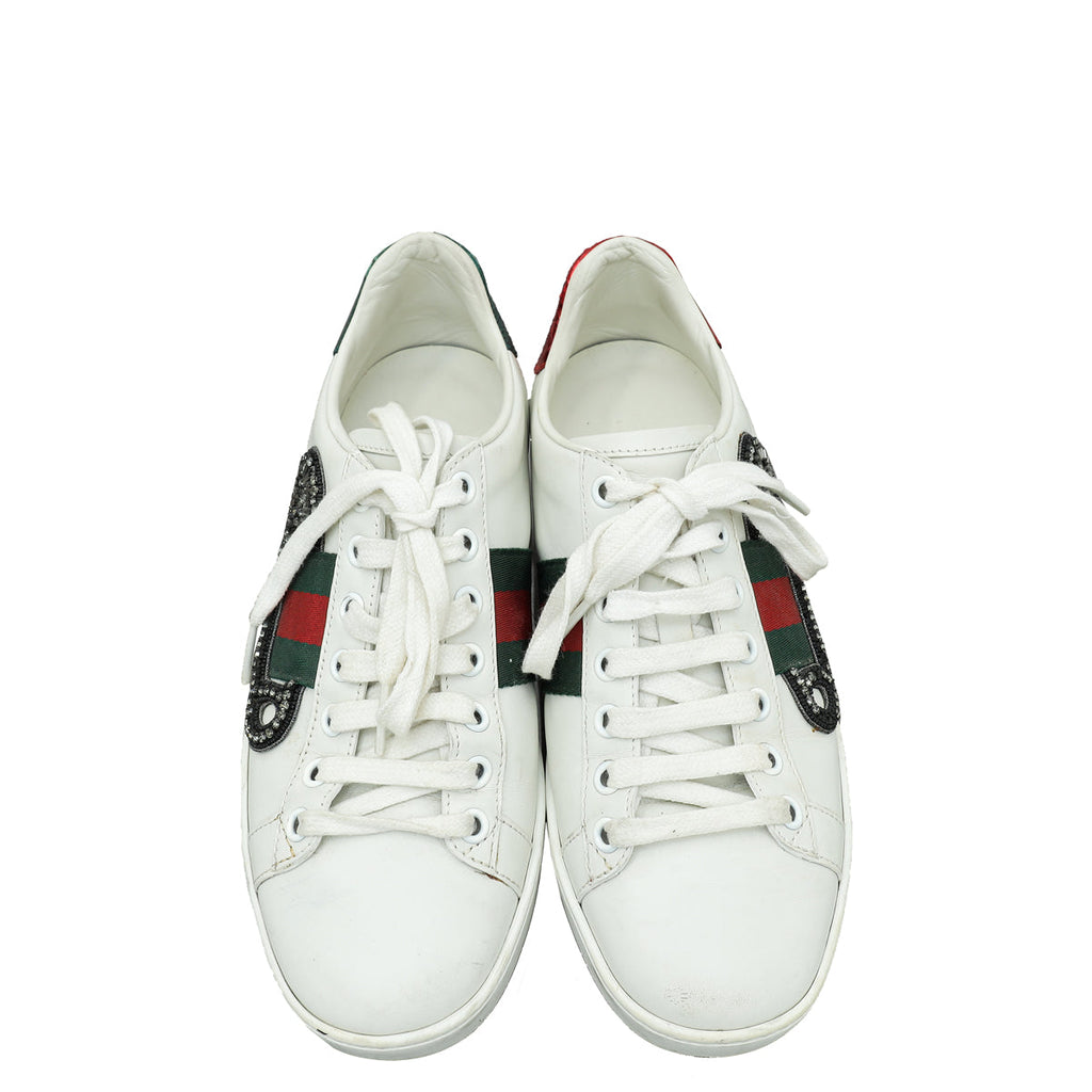Gucci White Ace Pin Crystal Embroidered Sneaker 36