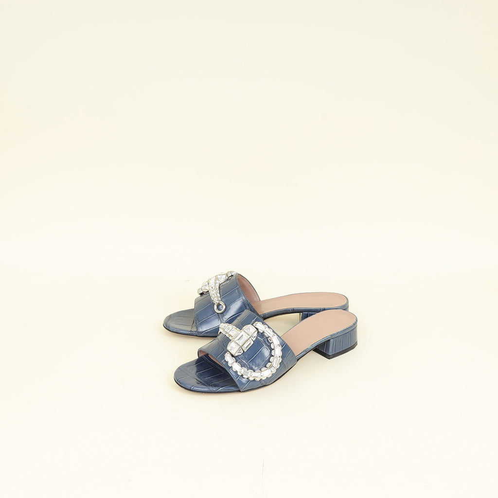 Gucci Stone Blue Harrods Exclusive Croco Embossed Maxime Crystal Slide Sandals 37
