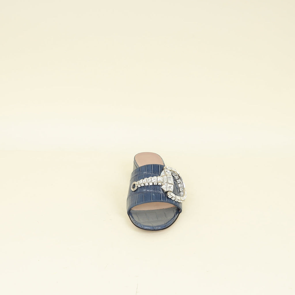 Gucci Stone Blue Harrods Exclusive Croco Embossed Maxime Crystal Slide Sandals 37