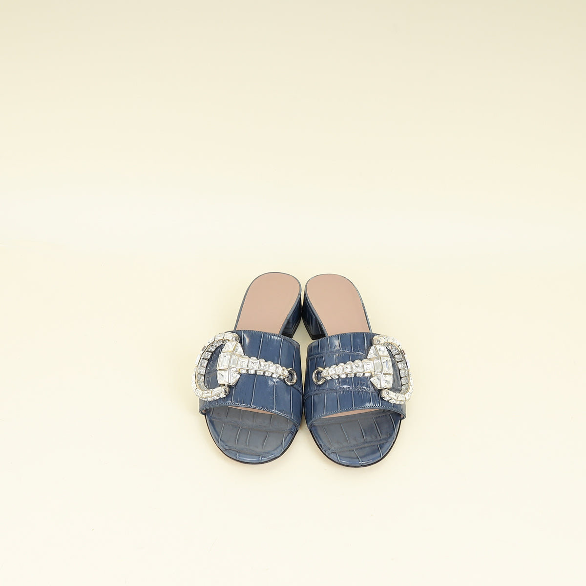 Gucci Stone Blue Harrods Exclusive Croco Embossed Maxime Crystal Slide Sandals 37