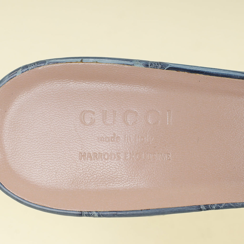 Gucci Stone Blue Harrods Exclusive Croco Embossed Maxime Crystal Slide Sandals 37