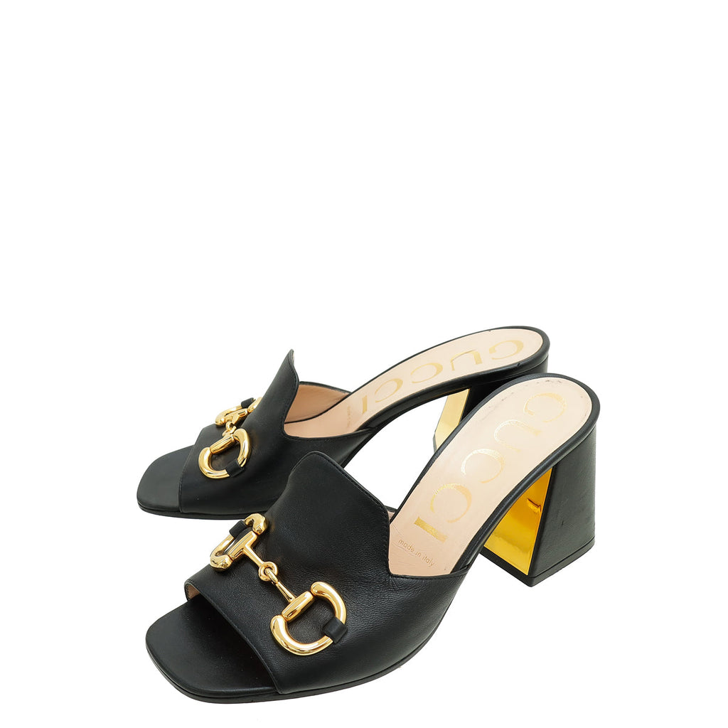 Gucci Black Horsebit Slide Block Heeled Sandals 38.5