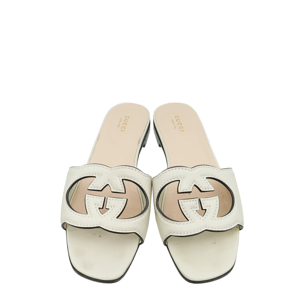 Gucci Ivory GG Cut Out Flat Slide Sandal 38.5