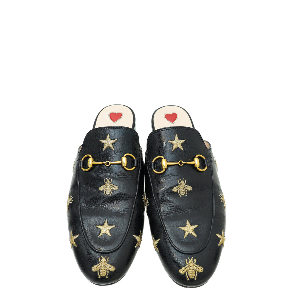 Gucci Black Bee Star Embroidered Princetown Mules 38