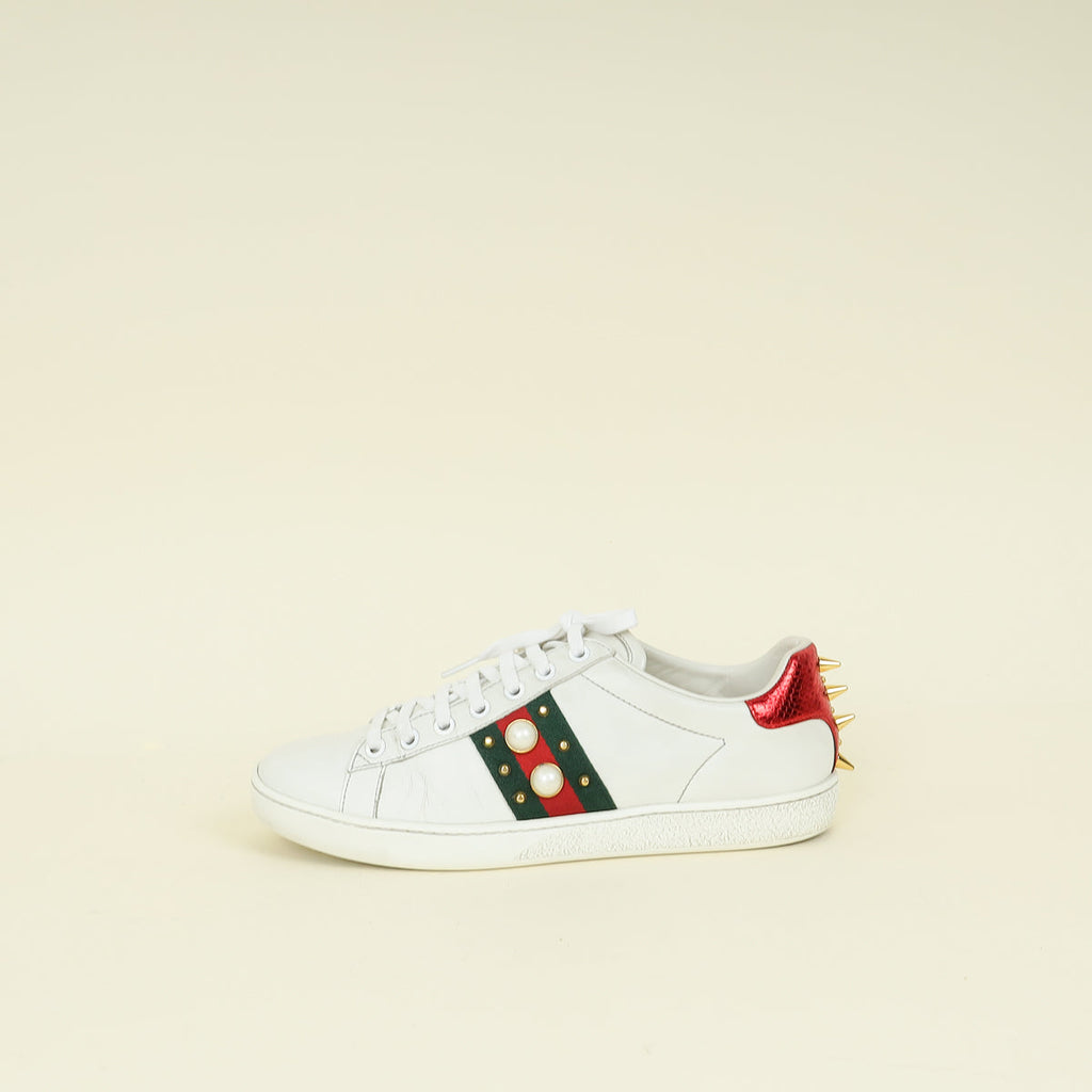 Gucci White Pearl Spike Ace Sneakers 38