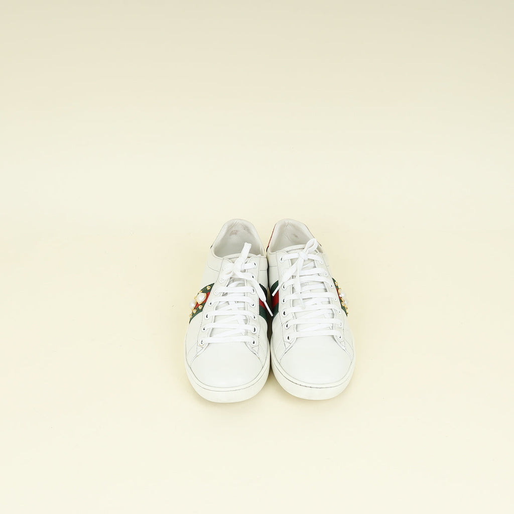 Gucci White Pearl Spike Ace Sneakers 38