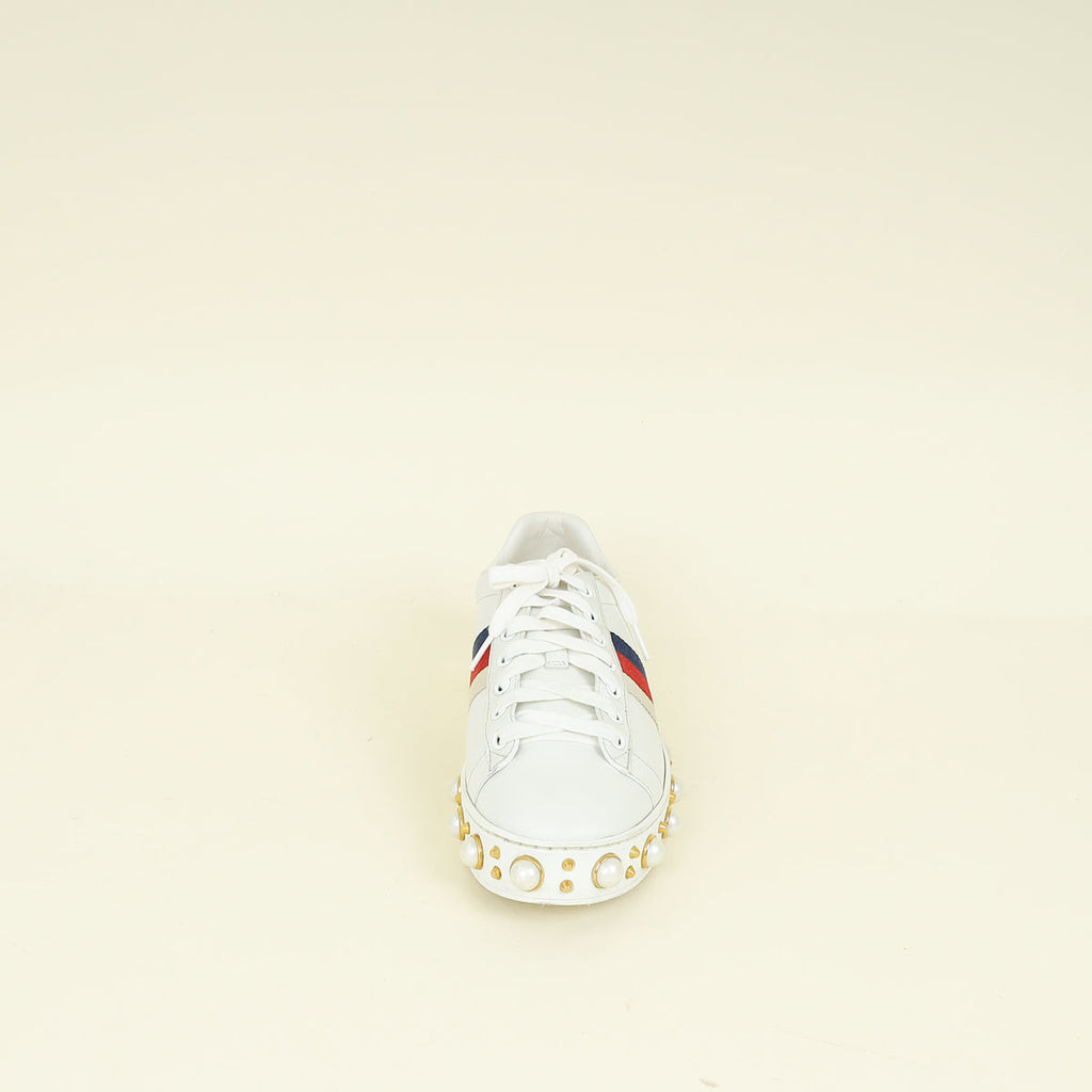 Gucci White Pearl Studded Ace Sneakers 38