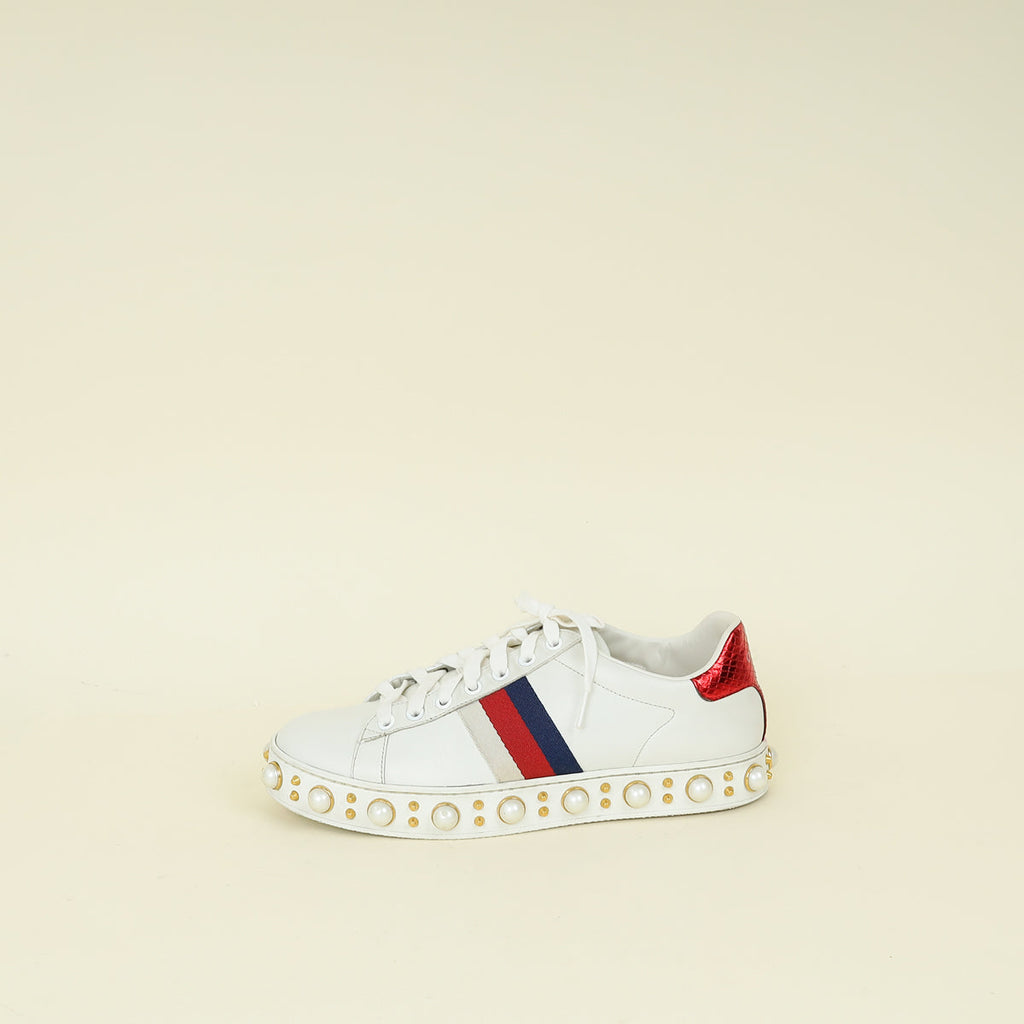 Gucci White Pearl Studded Ace Sneakers 38