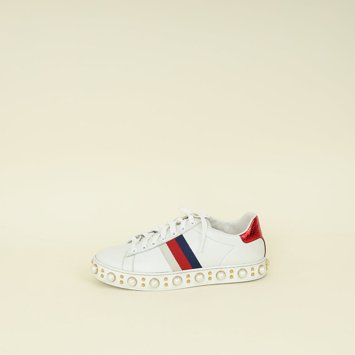Gucci White Pearl Studded Ace Sneakers 38