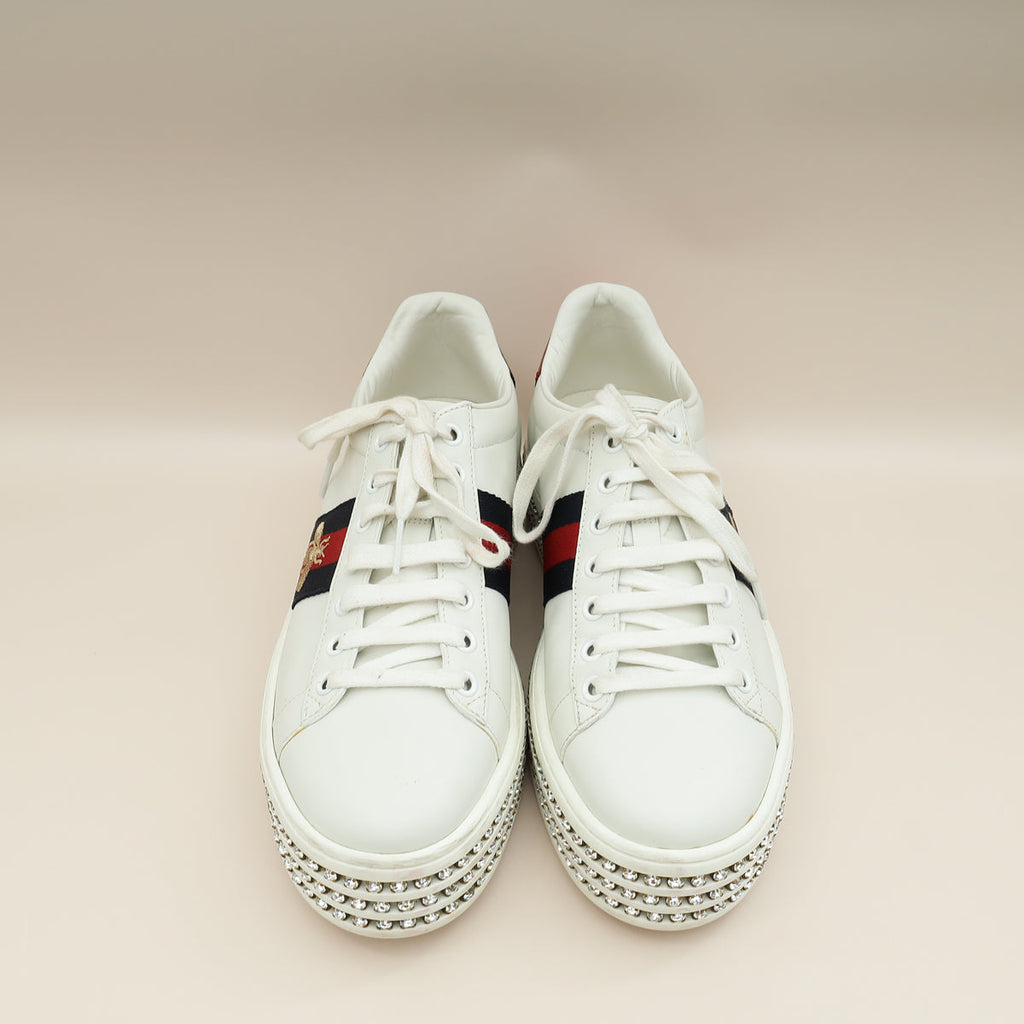 Gucci White Crystal Platform Ace Bee Sneakers 38