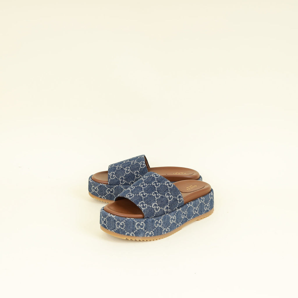 Gucci Blue Denim Platform Slide Sandals 38