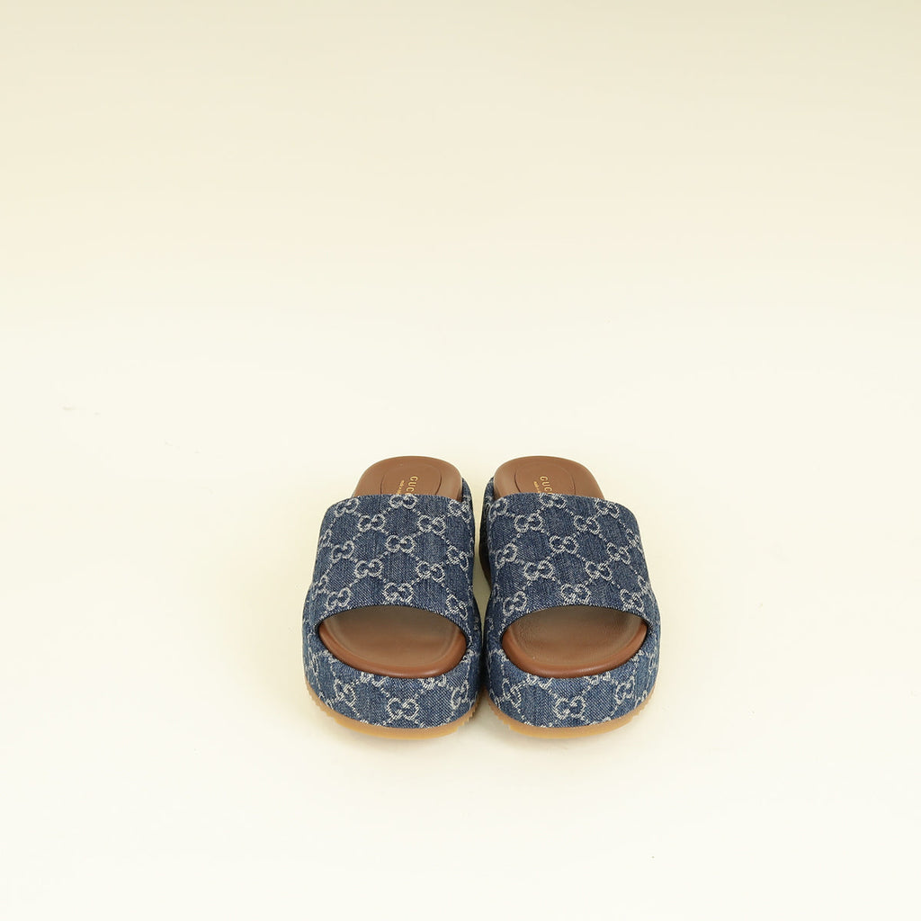 Gucci Blue Denim Platform Slide Sandals 38