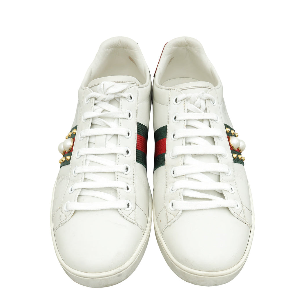 Gucci White Pearl Studded Ace Sneakers 39