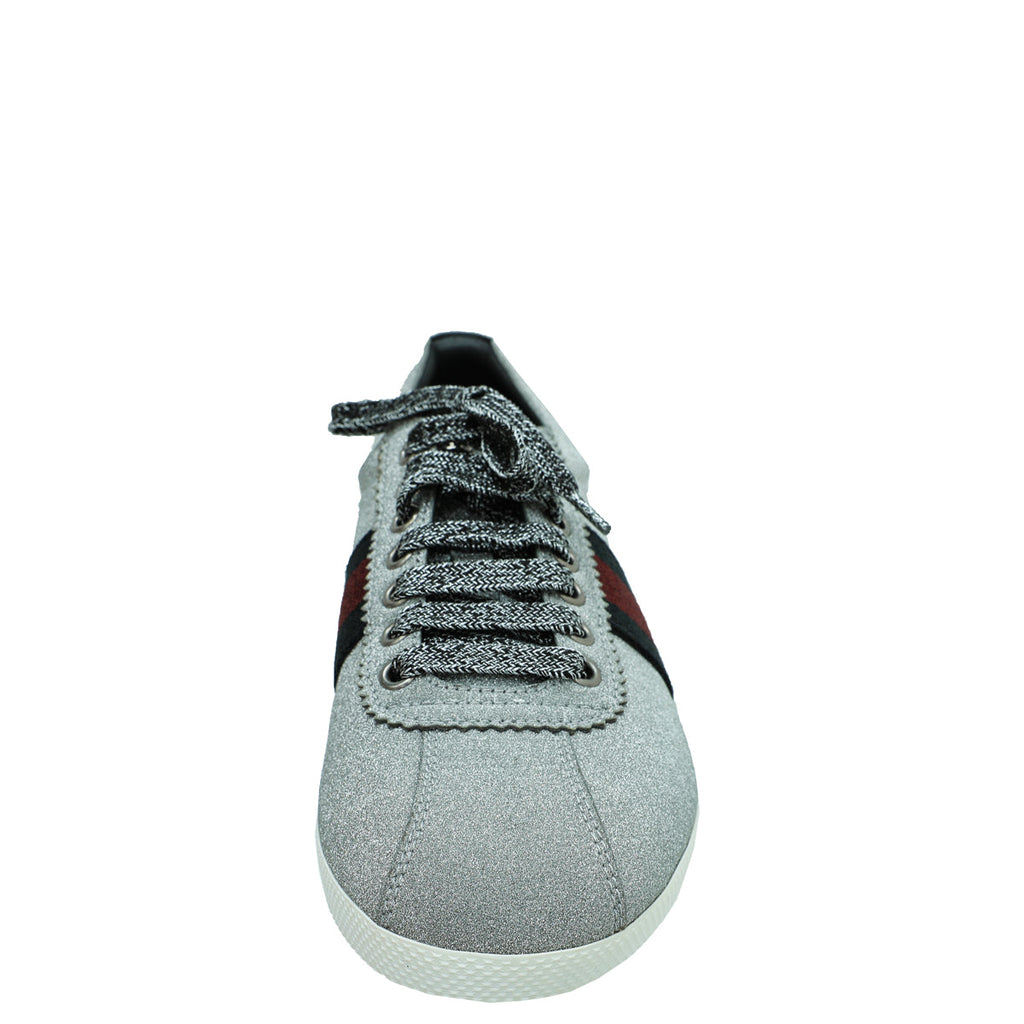 Gucci Silver Glitter Fabric Studded Web Sneaker 39