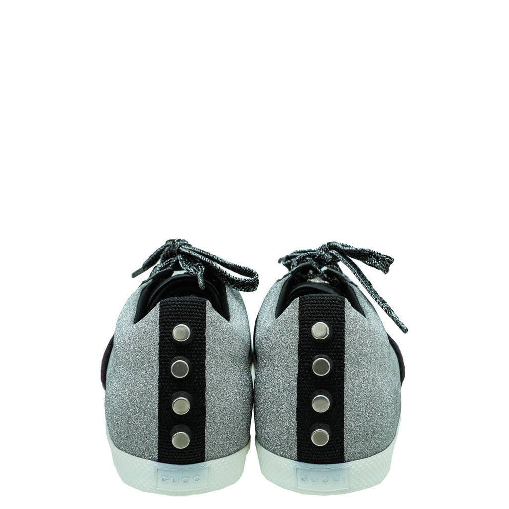 Gucci Silver Glitter Fabric Studded Web Sneaker 39