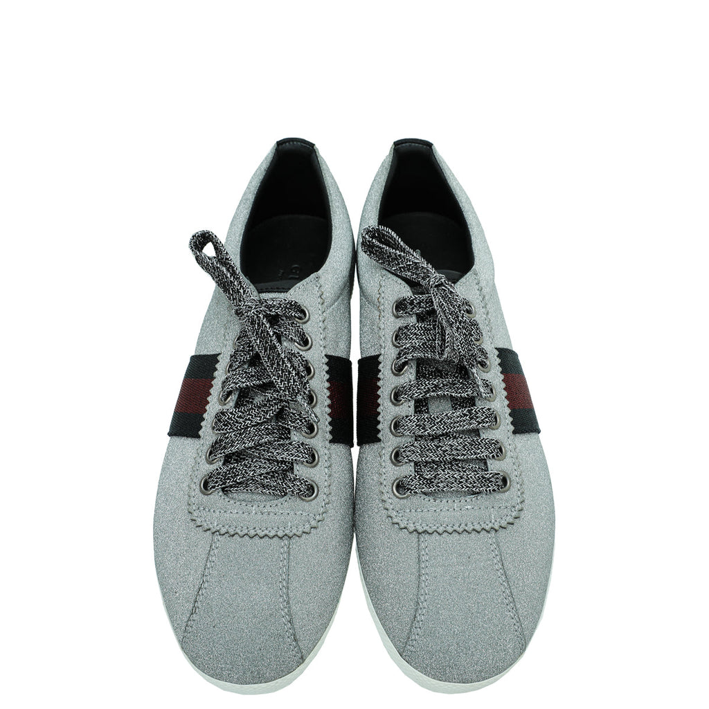 Gucci Silver Glitter Fabric Studded Web Sneaker 39