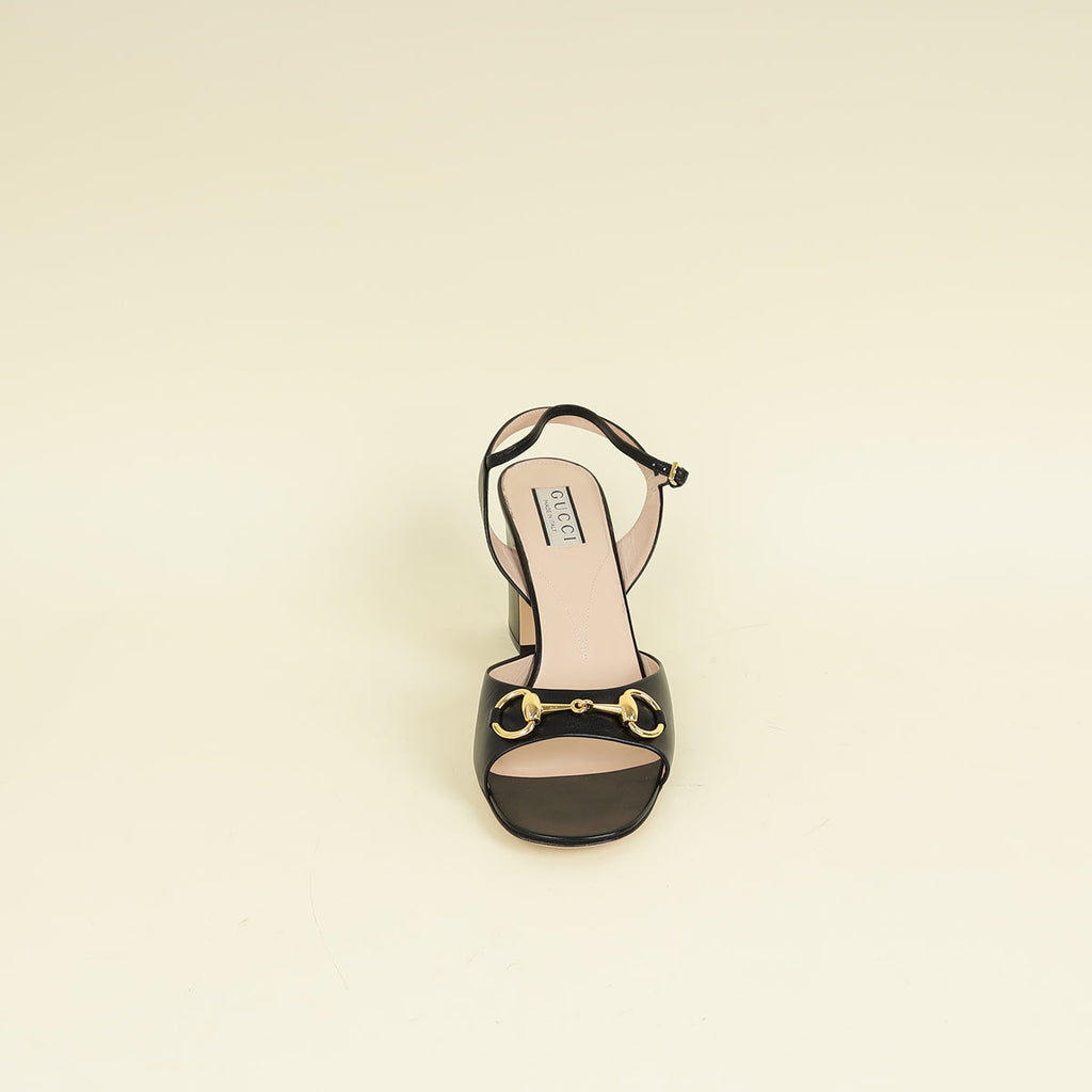 Gucci Black Horsebit Ankle Strap Mid-Heeled Sandals 40