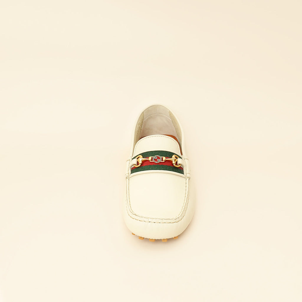 Gucci White Cream Ayrton Horsebit Web Driving Loafer 8.5