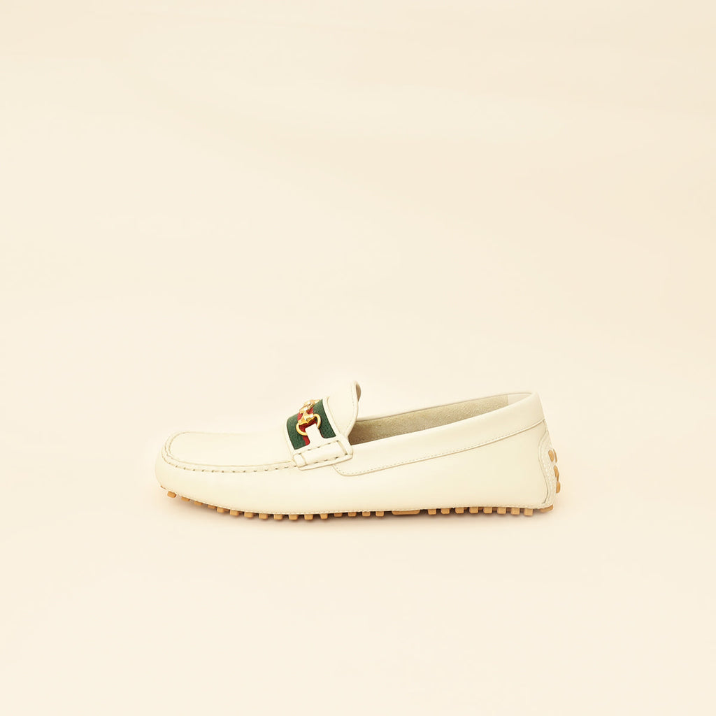 Gucci White Cream Ayrton Horsebit Web Driving Loafer 8.5
