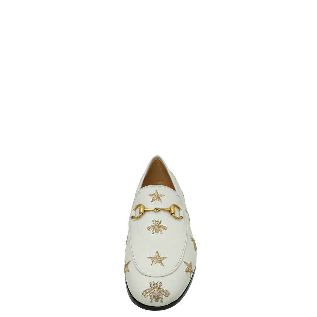 Gucci Mystic White Bee Star Embroidered Jordaan Horsebit Loafer 36.5