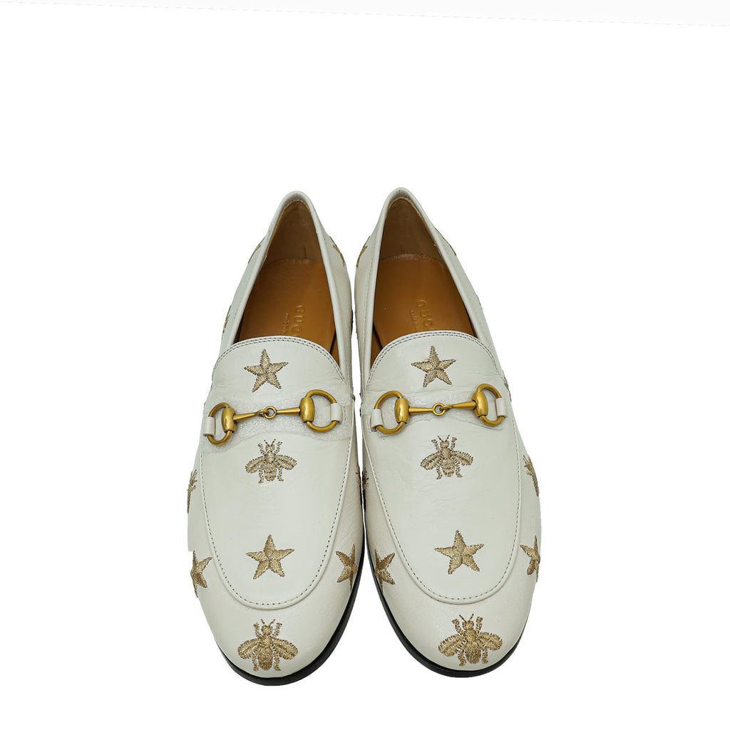 Gucci Mystic White Bee Star Embroidered Jordaan Horsebit Loafer 36.5