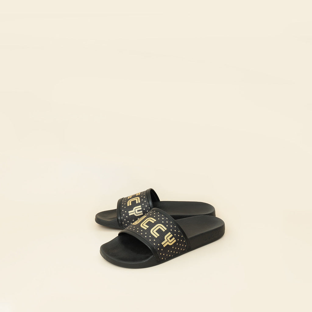 Gucci Black Supreme "Guccy" Star Rubber Slide Sandals 36