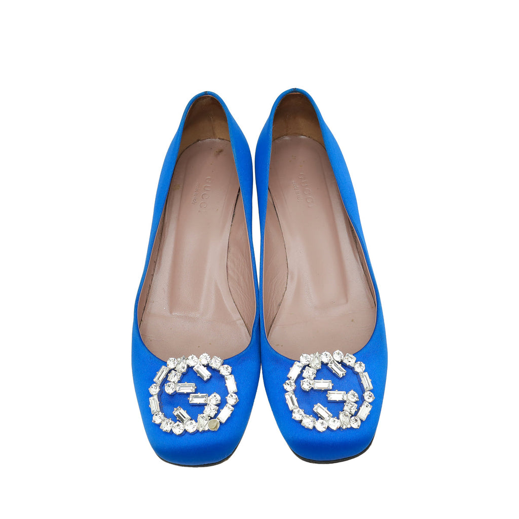 Gucci Royal Blue Satin GG Crystal Round Toe Ballet Flats 36