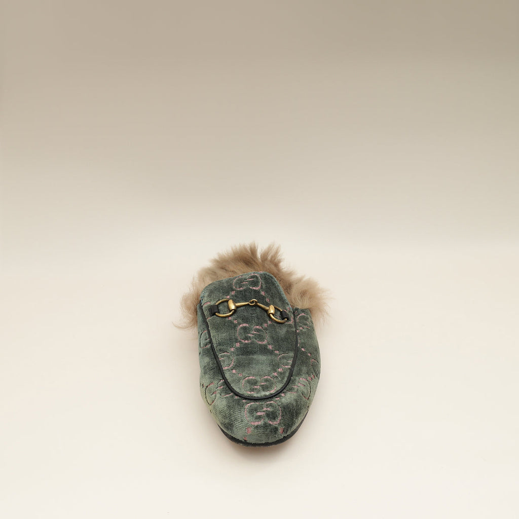 Gucci Olive GG Velvet Fur Princetown Mules 37