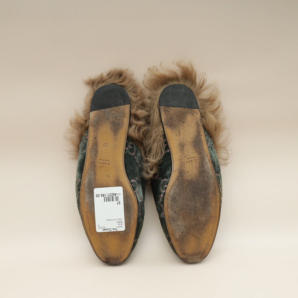 Gucci Olive GG Velvet Fur Princetown Mules 37