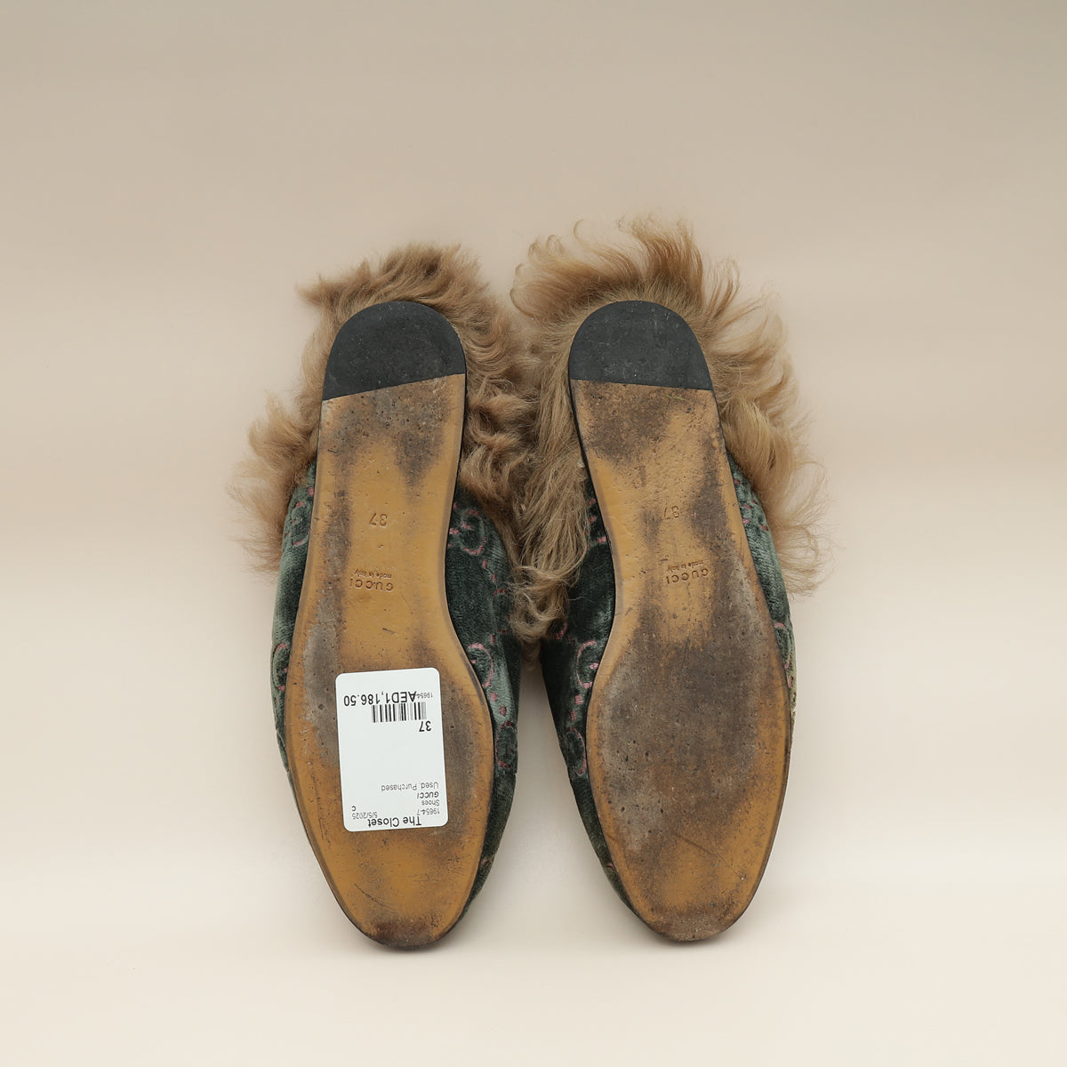 Gucci Olive GG Velvet Fur Princetown Mules 37