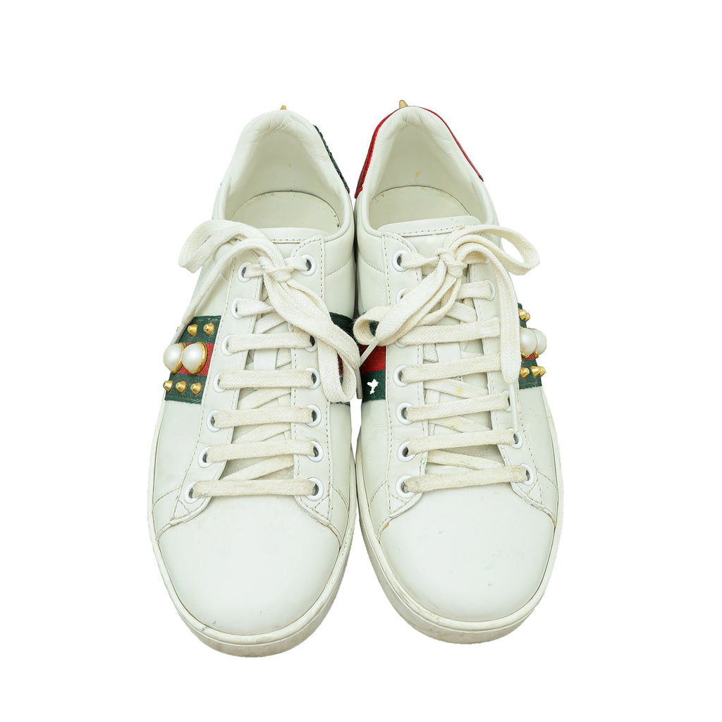 Gucci White Ace Studded Pearl Sneaker 37