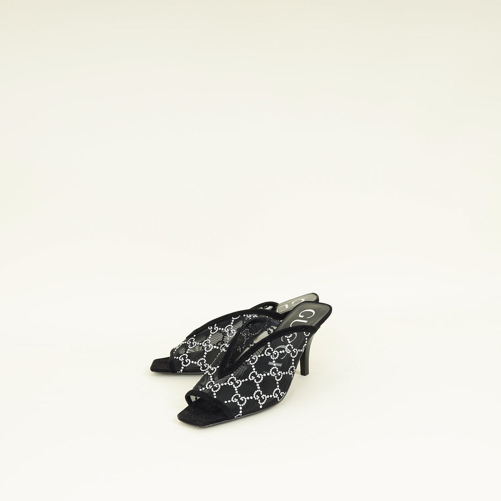 Gucci Black GG Crystal Embellished Mesh Mules 38