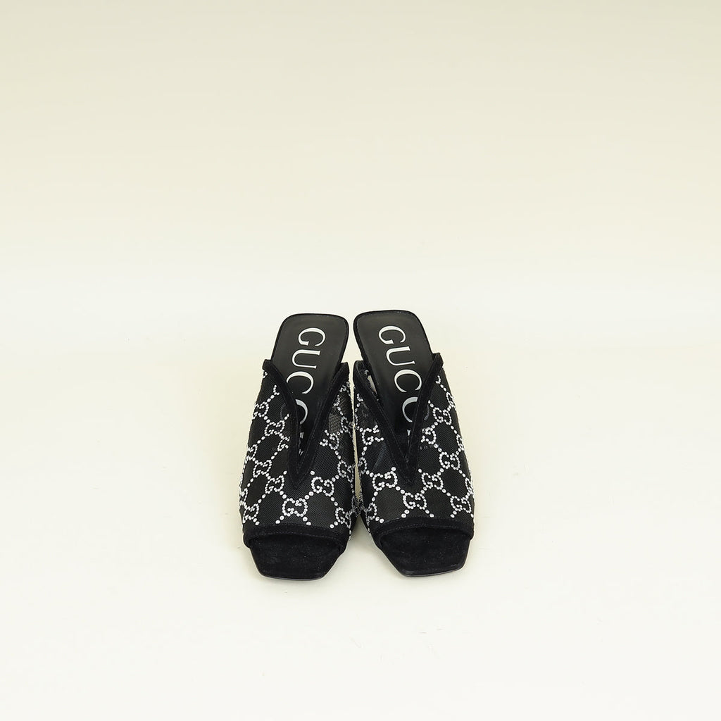 Gucci Black GG Crystal Embellished Mesh Mules 38