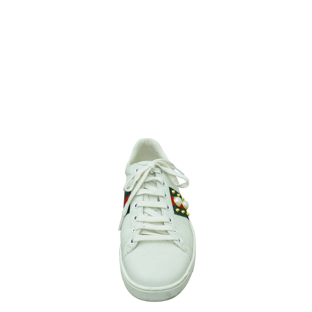 Gucci White Ace Web Pearl Studs Sneaker 38