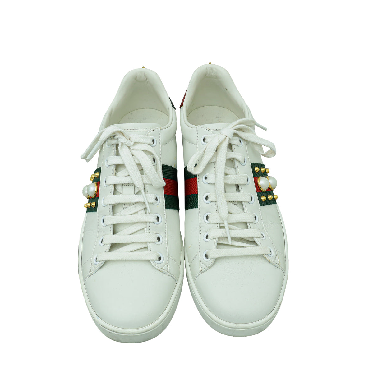 Gucci White Ace Web Pearl Studs Sneaker 38