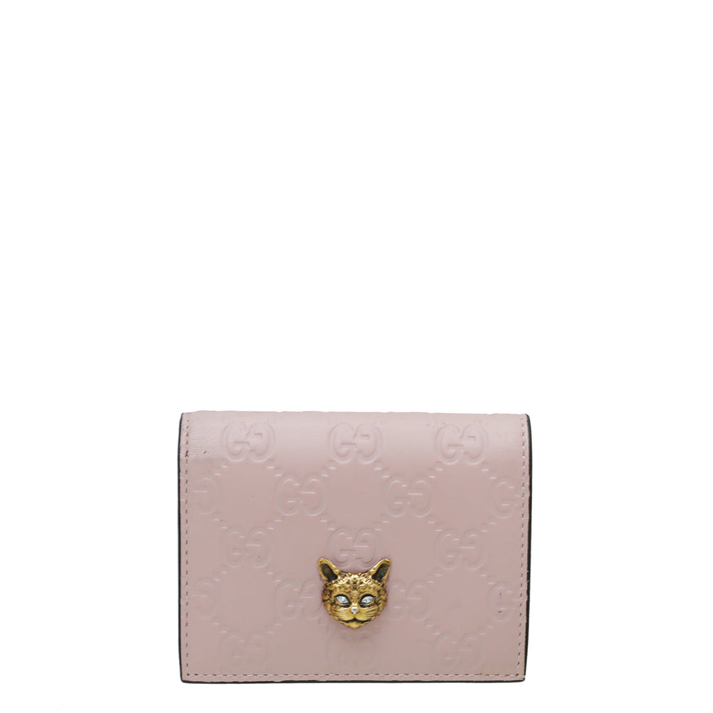 Gucci Pink GG Guccissima Cat Card Case Wallet