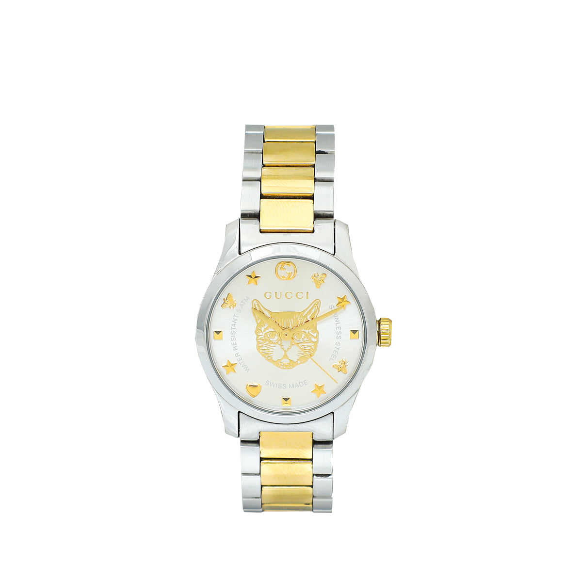 Gucci Steel Yellow Gold G Timeless Watch W/ Feline Head Motif