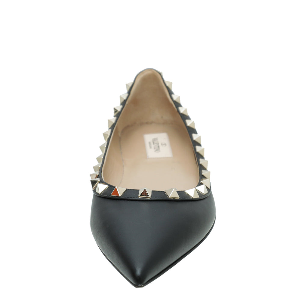 Valentino Black Rockstud Calfskin Flat Ballet 37.5