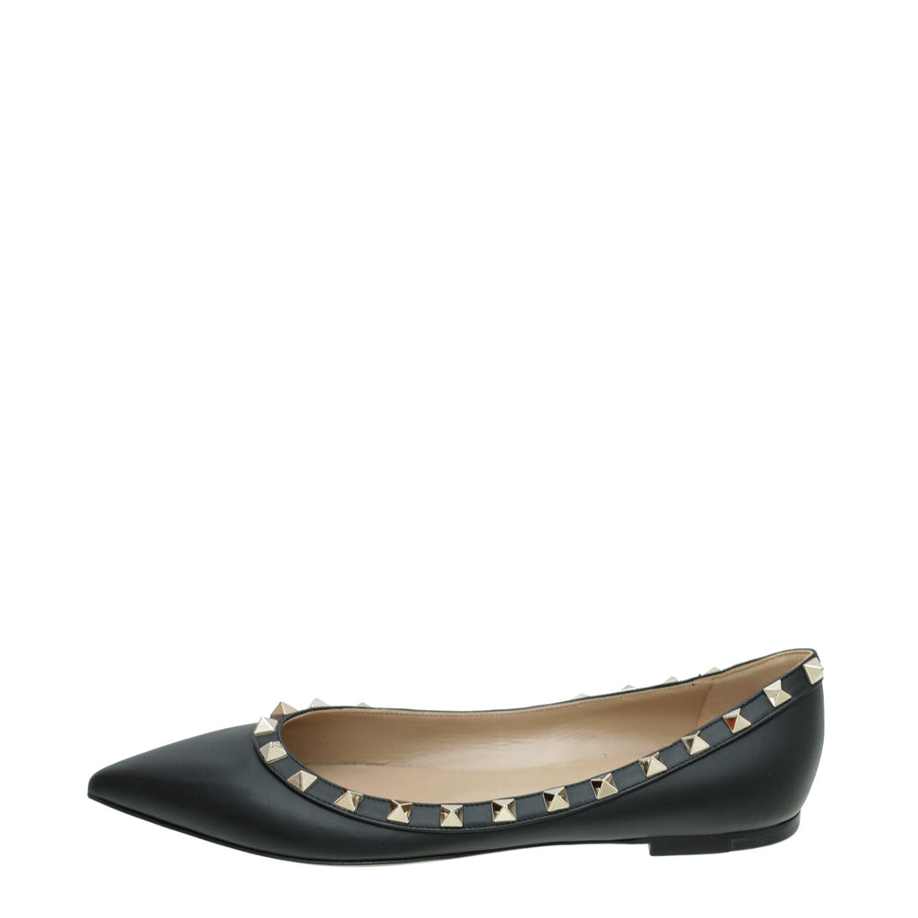 Valentino Black Rockstud Calfskin Flat Ballet 37.5