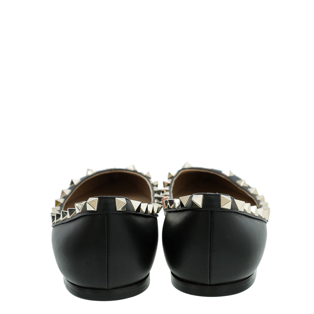 Valentino Black Rockstud Calfskin Flat Ballet 37.5