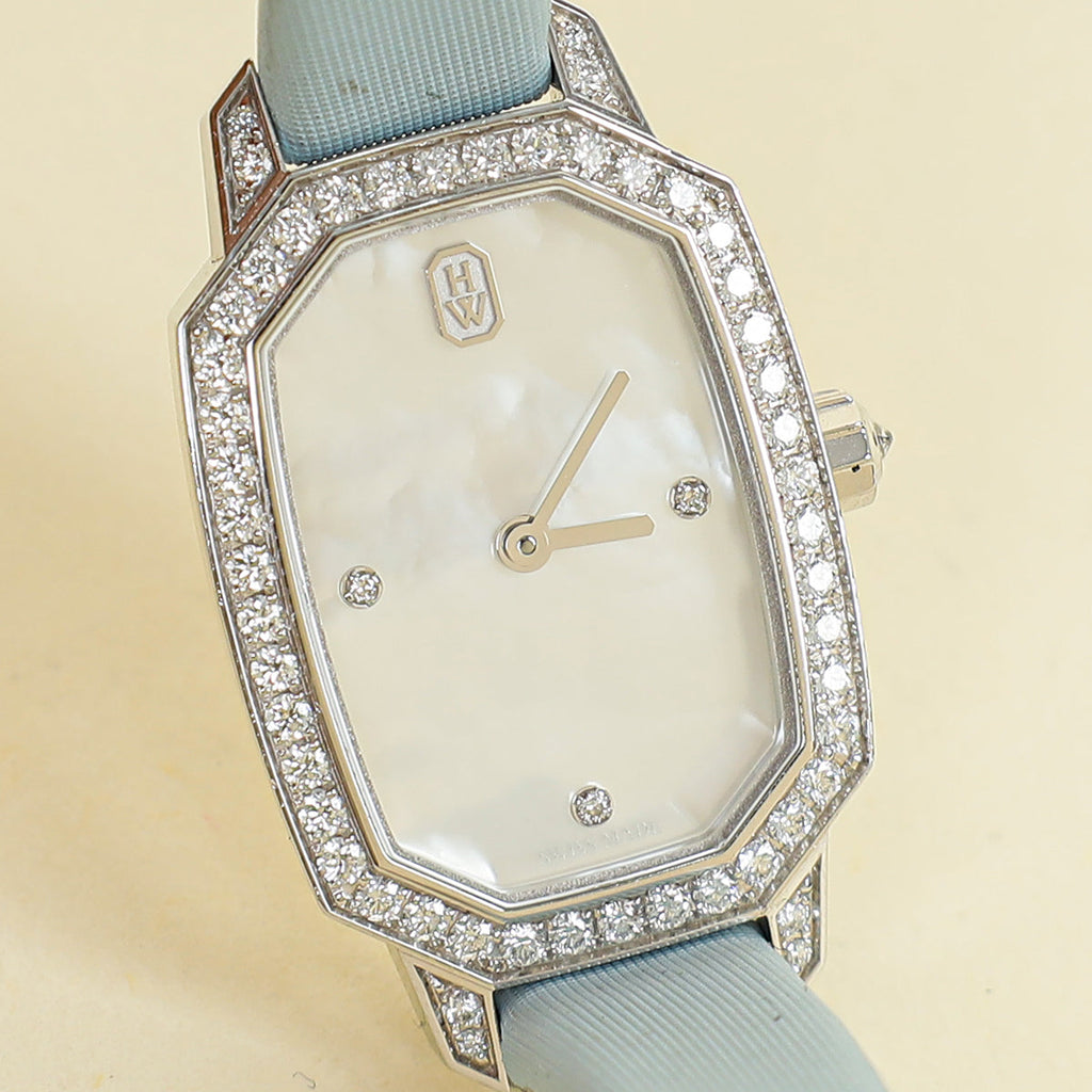 Harry Winston 18K White Gold MOP Diamond Emerald Quartz Watch