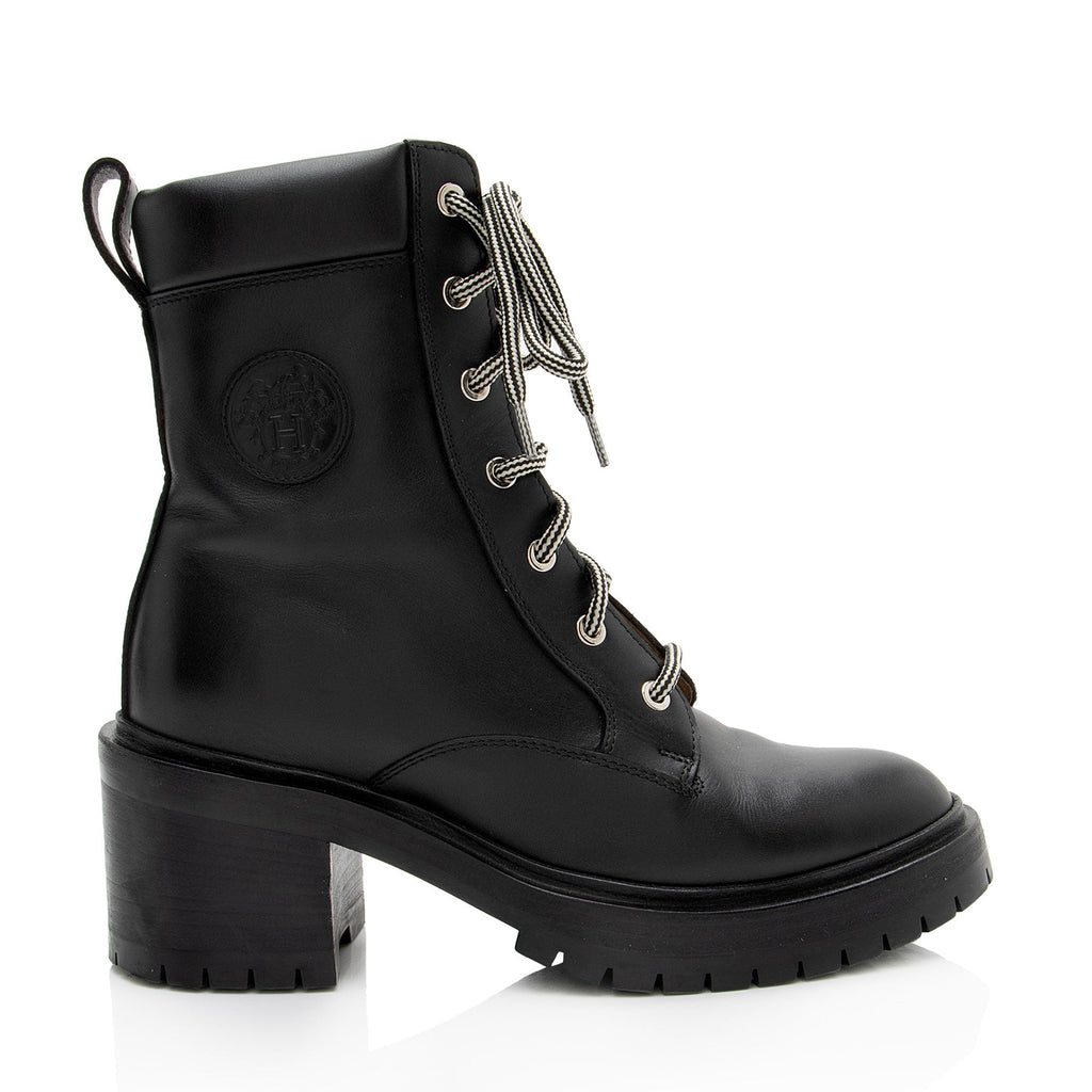 Hermes Calfskin Embossed Bridge Combat Boots - Size 7.5 / 37.5
