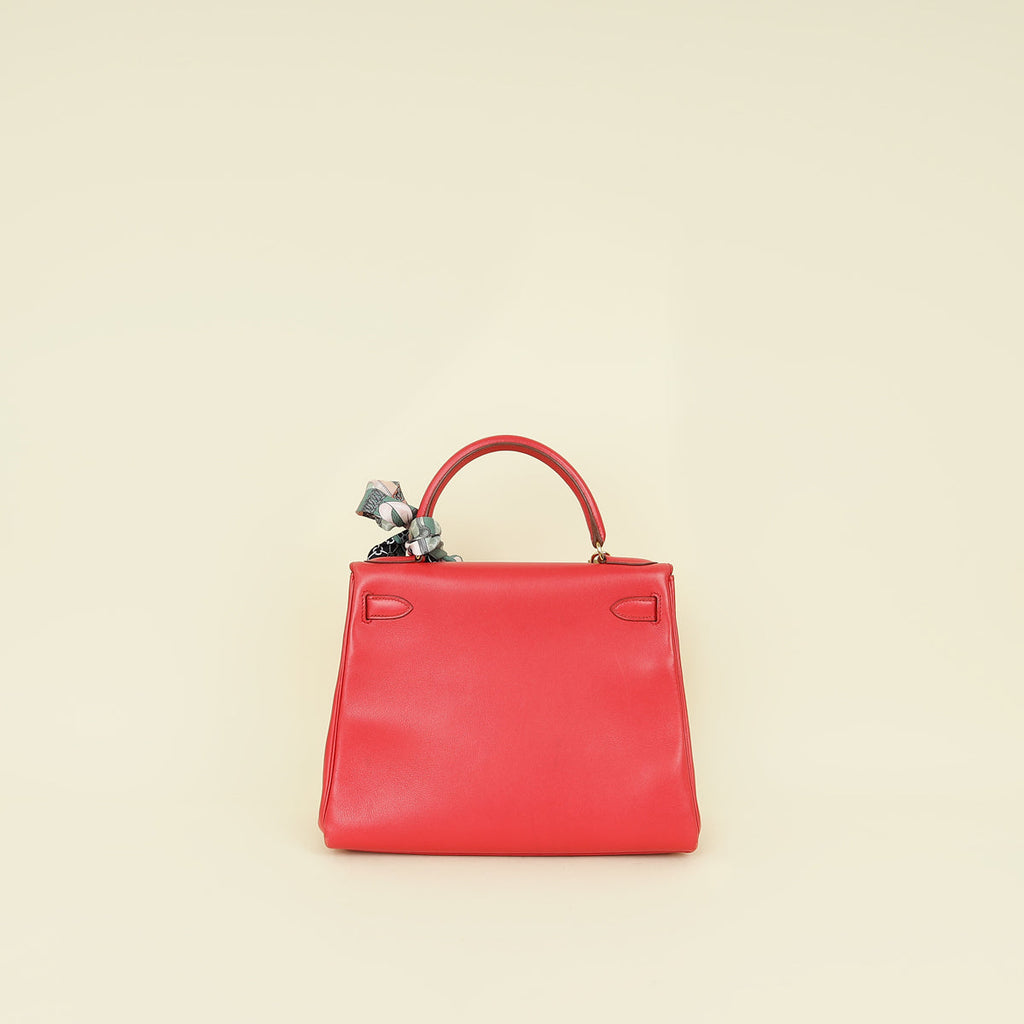 Hermes Rouge Vintage Kelly 28 Bag W/ Twilly