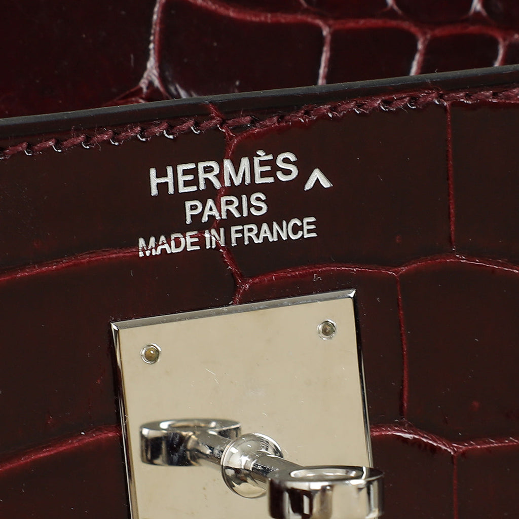 Hermes Bordeaux Shiny Porosus Crocodile Sellier Kelly 35 Bag