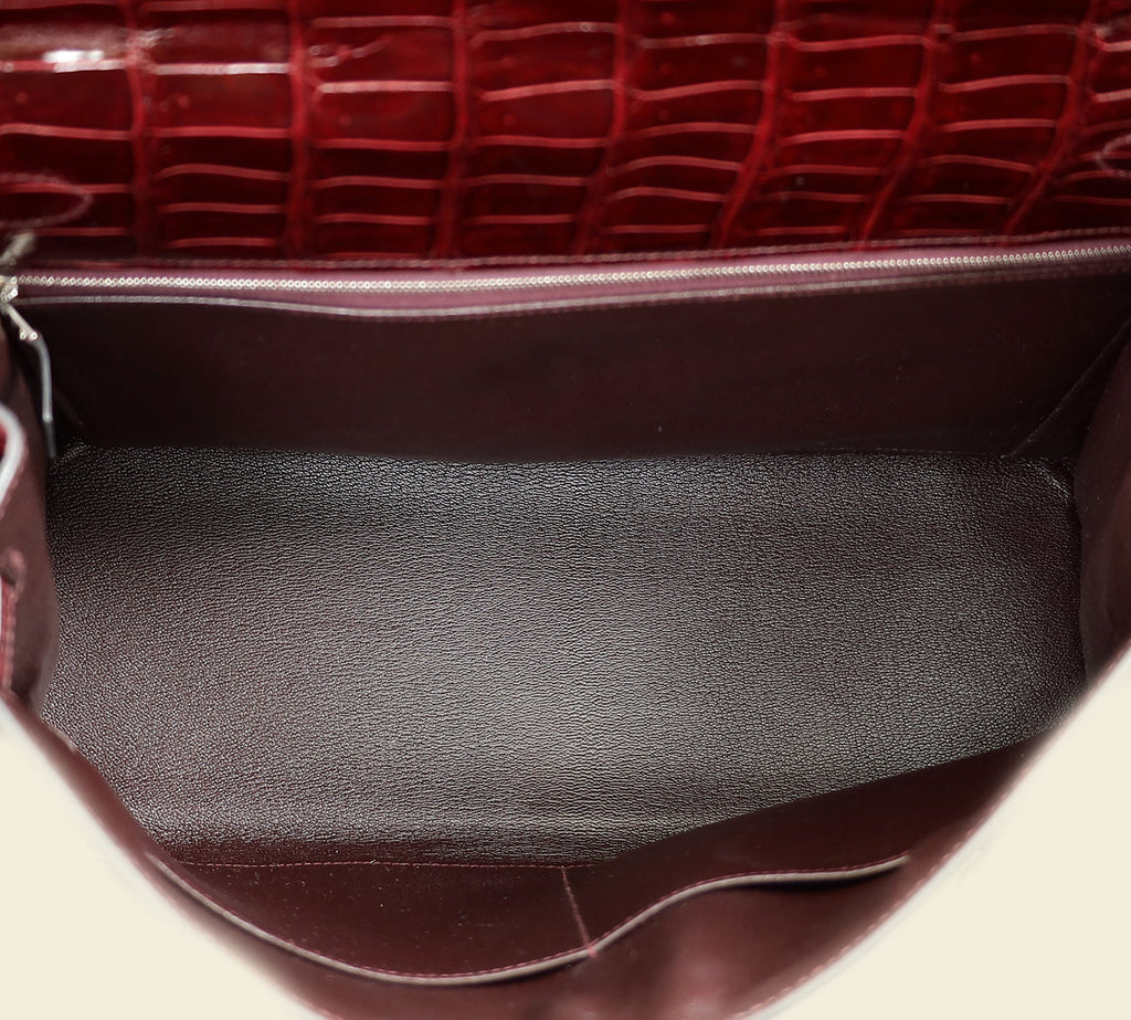 Hermes Bordeaux Shiny Porosus Crocodile Sellier Kelly 35 Bag