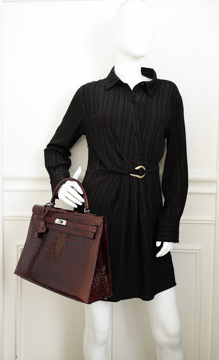 Hermes Bordeaux Shiny Porosus Crocodile Sellier Kelly 35 Bag
