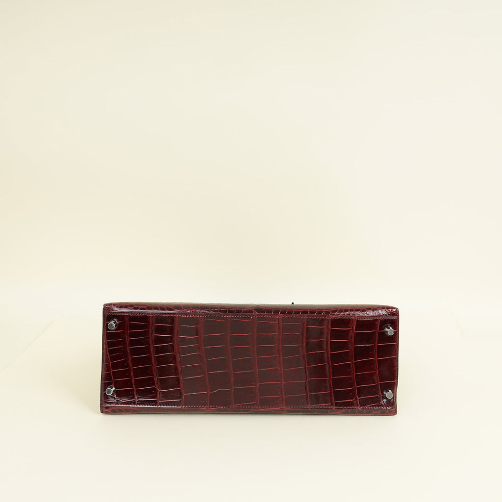 Hermes Bordeaux Shiny Porosus Crocodile Sellier Kelly 35 Bag