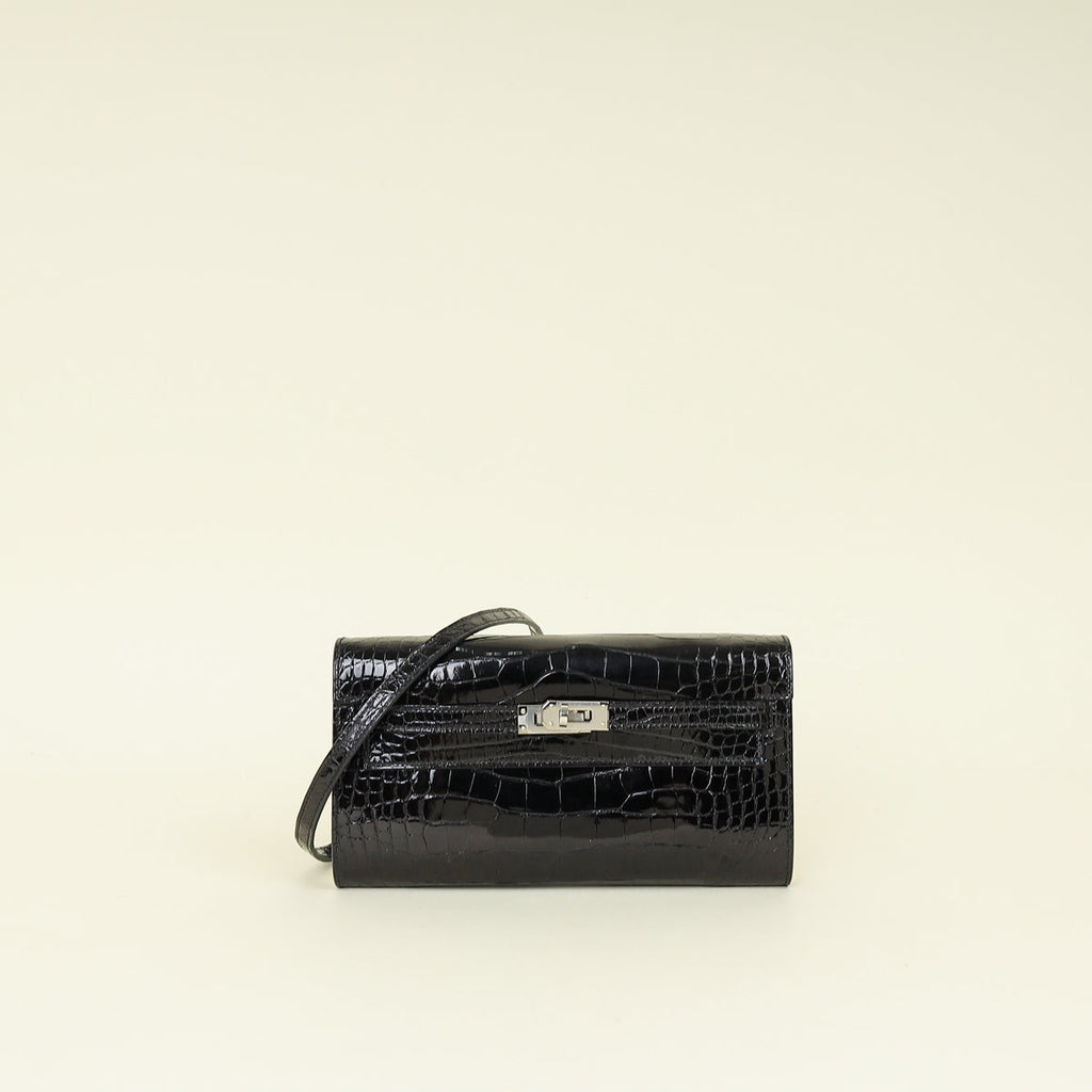Hermes Noir Kelly To Go Shiny Alligator Wallet