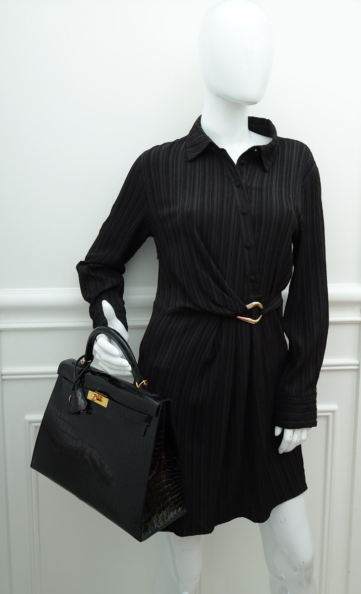 Hermes Noir Shiny Porosus Crocodile Sellier Kelly 32 Bag